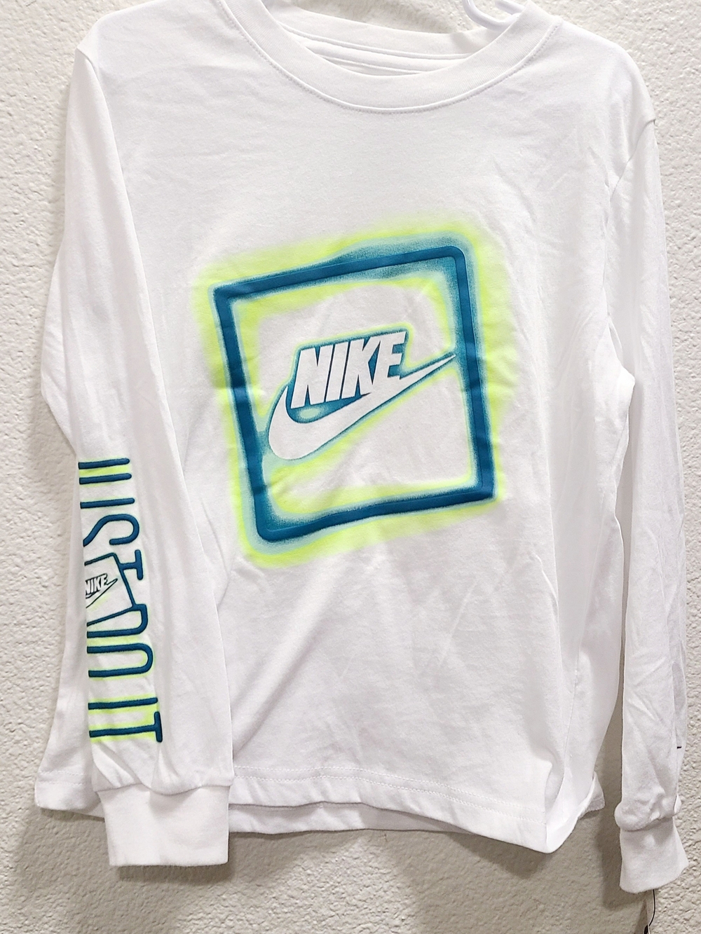 Nike Boys White Long-Sleeve Logo Shirt with Blue & Neon Green Accent